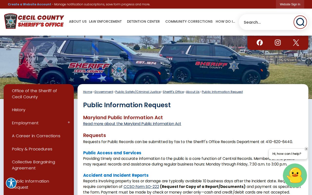 Cecil County Sheriff public information request instructions