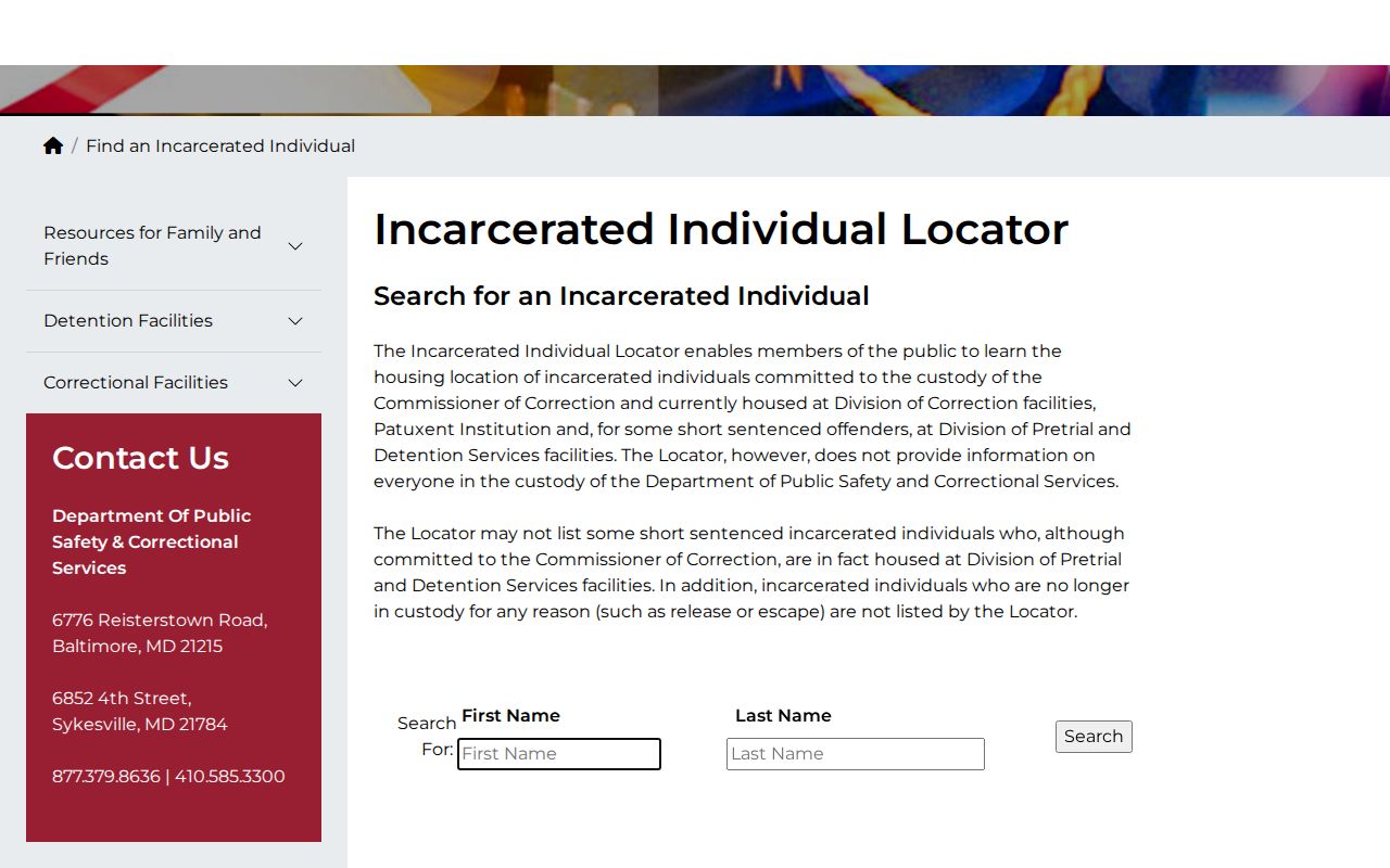 Maryland DPSCS locator warning about people no longer in custody