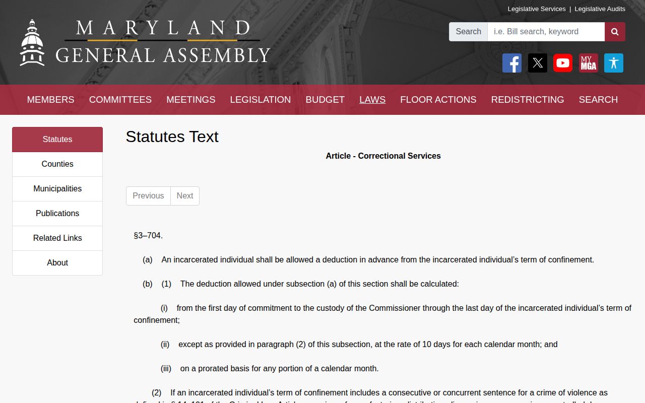 Maryland good-conduct credit law for Cecil County inmate release date calculations