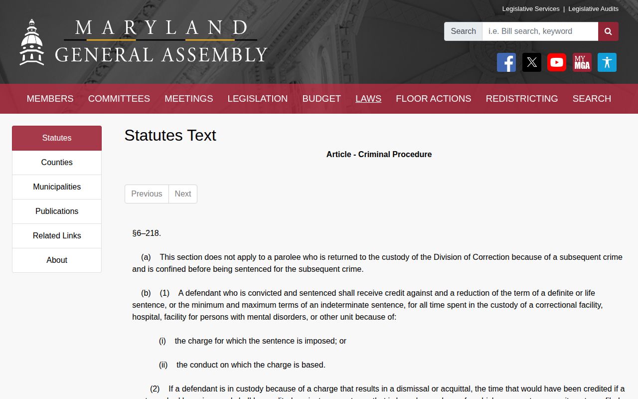 Maryland presentence custody credit law for Cecil County inmate release dates
